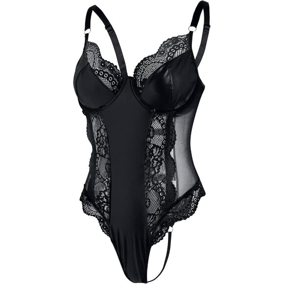 Sexy Leather Lace Underwire Push Up Corset Lingerie Women Teddy Bodysuit Top - Picture 5 of 5